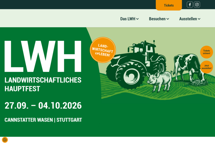 Webseite zum Landwirtschaftlichen Hauptfest 2026. Anzeige des Veranstaltungsdatums und grüne Illustrationen von Traktor, Kuh und Schwein.  